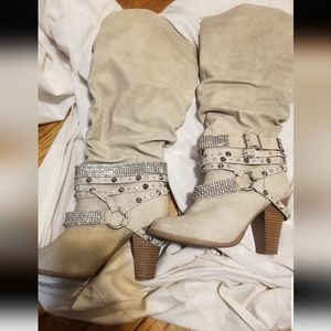 Cream rhinestones high boots